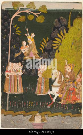 Maharaja Abhai Singh of Marwar (r. 1724–49), Equestrian, Watching Girls Swingingat the Teej Festival, c. 1740. Northwestern India, Rajasthan, Marwar, Rajput Kingdom of Jodhpur. Gum tempera and gold on paper; miniature: 29.9 x 19.4 cm (11 3/4 x 7 5/8 in.).  The festival of Teej is celebrated primarily by women in northern India and Nepal. The women sing and dance to welcome the monsoon season and observe fasts for the long life of their husbands. In the painting, two women can be seen playfully swinging on a tree branch while a group of women cheer for them. Stock Photo