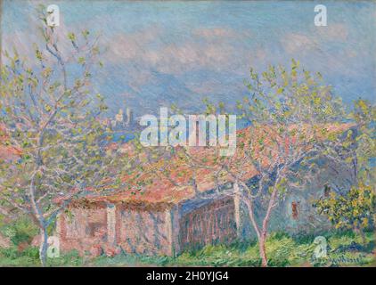 Gardener's House at Antibes, 1888. Claude Monet (French, 1840-1926). Oil on fabric; framed: 91.1 x 118.4 x 13.7 cm (35 7/8 x 46 5/8 x 5 3/8 in.); unframed: 66.3 x 93 cm (26 1/8 x 36 5/8 in.).  Monet stayed in Antibes from January to May,1888, and painted 35 canvases. His brush and paint pigment masterfully blend to capture the essence of early spring on the French Riviera. Stock Photo