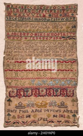 Sampler, 1752. England, 18th century. Embroidery; silk and wool on linen; overall: 33 x 20.4 cm (13 x 8 1/16 in.). Stock Photo