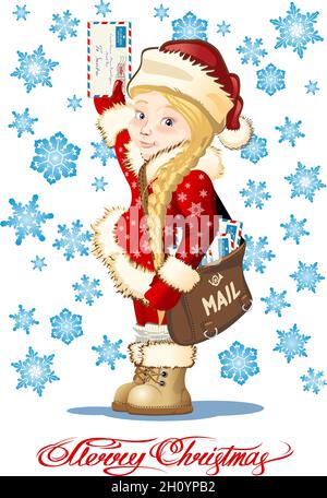 Vector greeting Christmas card with Snow Maiden - Postman delivering mail. Available eps-10 format separated by groups and layers for easy edit. Stock Vector