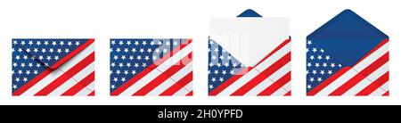 USA flag envelope isolated on white background. Vector set of folded and unfolded folders with US flag print. Stock Vector