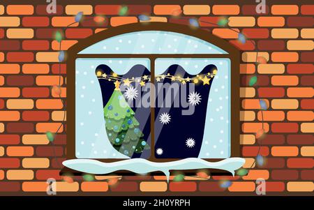 Christmas window in a brick wall. Living room with Christmas. Happy new year decoration. Stock Vector