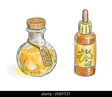 Pharmacy bottles with oil or essential oil. Vector illustration. Stock Vector