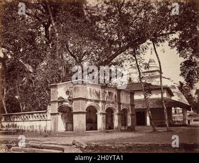 Buddhist Temple, Kalani, c. 1880. Scowen & Co. (British, active Ceylon, 1876-1895). Albumen print from glass plate negative; image: 21.5 x 27.7 cm (8 7/16 x 10 7/8 in.); paper: 21.5 x 27.7 cm (8 7/16 x 10 7/8 in.); mounted: 29 x 37 cm (11 7/16 x 14 9/16 in.).  This image may actually show the Jaya Sri Maha Bodhi, a sacred fig tree planted in 288 BC in Mahamewna Gardens, Anuradhapura, Ceylon (now Sri Lanka). Grown from a cutting of the tree in India under which Buddha attained enlightenment, it is one of the most sacred Buddhist relics in Sri Lanka. Stock Photo