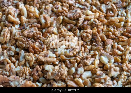 Background, texture of peeled walnuts close-up Stock Photo