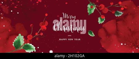 Christmas watercolor abstract art on red background. Holly leaves branches on snow falling with hand-painted watercolor. Suitable for header design, b Stock Vector
