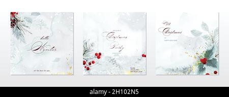 Merry Christmas and winter square cards watercolor collection. Berry and pine branches on snow falling with hand-painted watercolor. Suitable for card Stock Vector