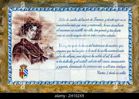 Trasmoz, Spain-October 7, 2021: The writer and poet Gustavo Adolfo Becquer, lived in this town where he dedicated a rhyme to him, now in ceramic he ad Stock Photo
