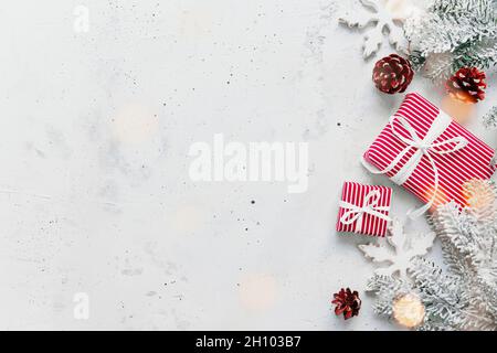 Christmas and New Year flat lay with two red white striped present gift boxes Stock Photo