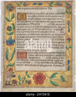 Leaf from a Psalter and Prayerbook: Ornamental Boarder with Carnations, a Thistle, and a Cook Ladling Soup (verso), c. 1524. Germany, Hildesheim(?), 16th century. Ink, tempera and liquid gold on vellum; each leaf: 16.6 x 13.5 cm (6 9/16 x 5 5/16 in.).  This leaf and others from the collection were excised from the same prayer book. They reveal the charm of secular decoration such as satyrs or domestic activities like cooking. Such details would have been a sumptuous delight to the original owner. The original book was a highly personalized volume apparently written and illuminated in North Ger Stock Photo