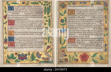 Leaf from a Psalter and Prayerbook: Ornamental Border with Pea Vines and a Girl Kneading Bread (recto) and Ornamental Boarder with Carnations, a Thistle, and a Cook Ladling Soup (verso) (1 of 3 Excised Leaves), c. 1524. Germany, Hildesheim(?), 16th century. Ink, tempera and liquid gold on vellum; each leaf: 16.6 x 13.5 cm (6 9/16 x 5 5/16 in.).  This leaf and others in the collection were excised from the same prayer book. They reveal the charm of secular decoration such as satyrs or domestic activities like cooking. Such details would have been a sumptuous delight to the original owner. The o Stock Photo
