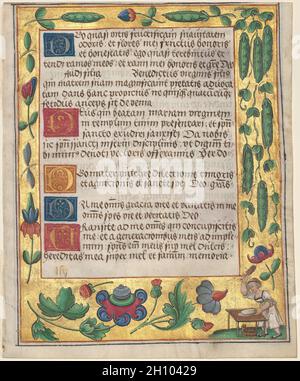 Leaf from a Psalter and Prayerbook: Ornamental Border with Pea Vines and a Girl Kneading Bread (recto), c. 1524. Germany, Hildesheim(?), 16th century. Ink, tempera and liquid gold on vellum; each leaf: 16.6 x 13.5 cm (6 9/16 x 5 5/16 in.).  This leaf and the one nearby were excised from the same prayer book. They reveal the favored secular motifs that include decorations with animals, peasants, and domestic activities such as cooking. Here a woman is shown kneading bread. A composite text combining features of a psalter, a collection of psalms or religious verses, and a prayer book, it was use Stock Photo