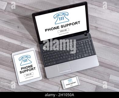 Phone support concept shown on different information technology devices Stock Photo