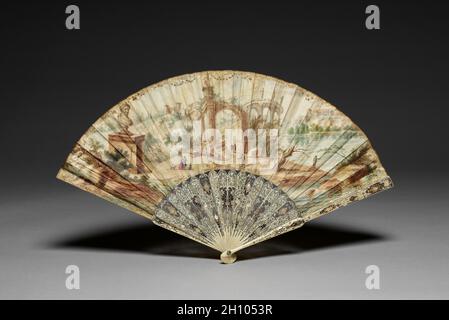 Folding Fan: Landscape with Ancient Ruins, c. 1790. France (probably), 18th century. Leaf: gouache on skin; frame: pierced ivory with metal and mother-of-pearl inlays; radius: 28.3 cm (11 1/8 in.); spread: 49 cm (19 5/16 in.). Stock Photo
