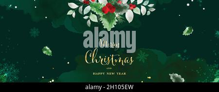 Christmas watercolor abstract art and golden text on green background. Holly leaves branches on snow falling with hand-painted watercolor. Suitable fo Stock Vector