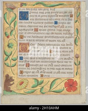 Leaf from a Psalter and Prayerbook: Ornamental Border with Flowers and Squirrel (verso), c. 1524. North Germany, Hildesheim (?), 16th century. Ink, tempera and liquid gold on vellum; each leaf: 16.6 x 13.5 cm (6 9/16 x 5 5/16 in.).  This leaf and the one nearby were excised from the same prayer book. They reveal the favored secular motifs that include decorations with animals, peasants, and domestic activities such as cooking. Here a woman is shown kneading bread. A composite text combining features of a psalter, a collection of psalms or religious verses, and a prayer book, it was used during Stock Photo