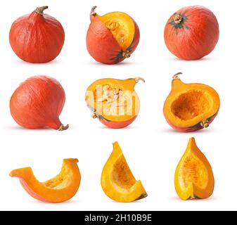 Collection fresh red hokkaido pumpkin whole, slice, quarter isolated on white background. Clipping Path. Full depth of field. Stock Photo