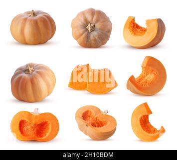 Set yellow pumpkin vegetable, whole, quarter,cut in half, slice isolated on white background. Clipping Path. Full depth of field. Stock Photo