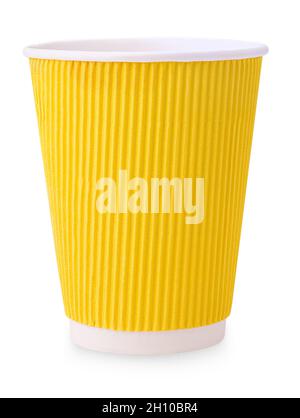 Yellow empty paper coffee cup isolated on white background. Clipping Path. Full depth of field. Stock Photo