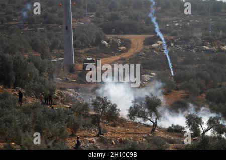 Nablus, Palestine. 15th Oct, 2021. Palestinian farmers seen running away from the tear gas fired by the Israeli army during the olive harvest season. The Israeli army fired tear gas at Palestinian farmers near the outpost of Evitar while they were picking olives in the village of Beita, south of Nablus in the West Bank. Credit: SOPA Images Limited/Alamy Live News Stock Photo