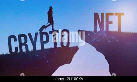 NFT non fungible token. Crypto currency blockchain technology, crypto art future concept. New cyberspace and innovation concept. Man silhouette Stock Photo