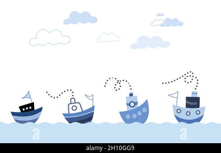 Fishing boats in the wavy sea with cloudy sky vector stock illustration Stock Vector