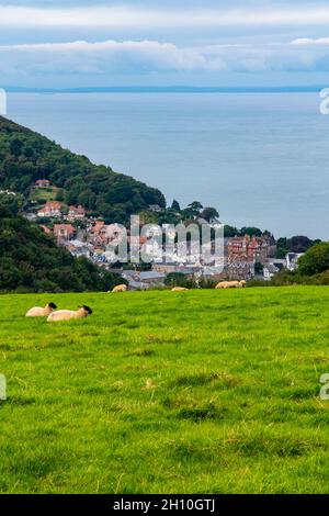 View looking down on Lynton a small seaside resort town on the North Devon coast in south west England UK with Bristol Channel in the background. Stock Photo