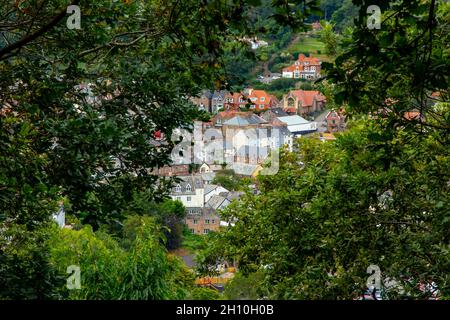 View looking through trees down to Lynton a small seaside resort town on the North Devon coast in south west England UK Stock Photo