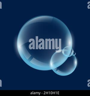 Realistic transparent soap or water bubbles. Big translucent glass spheres with glares and shadow on blue background. Isolated eps vector transparency orbs illustration Stock Vector