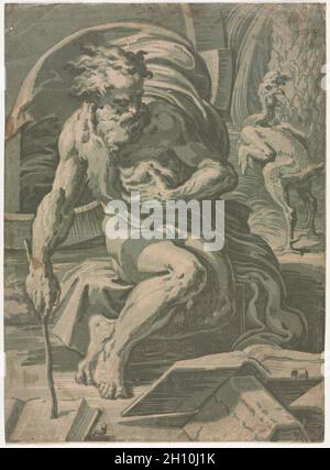 Diogenes, c. 1524–27. Ugo da Carpi (Italian, c. 1479-c. 1532), after Parmigianino (Italian, 1503-1540). Chiaroscuro woodcut (in four shades of green); sheet: 47.7 x 34.7 cm (18 3/4 x 13 11/16 in.). Stock Photo