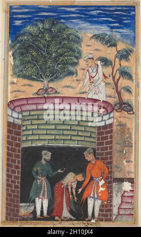 The daughter of the king of the jinns bows before the King of Kings who has just undergone the ordeal of passing through the boiling oil to emerge as a youth, from a Tuti-nama (Tales of a Parrot): Seventh Night, c. 1560. Mughal India, court of Akbar (reigned 1556–1605). Gum tempera, ink, and gold on paper; painting only: 16.7 x 9.9 cm (6 9/16 x 3 7/8 in.); overall: 20.3 x 14 cm (8 x 5 1/2 in.). Stock Photo