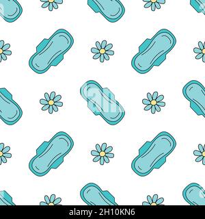 Seamless pattern. Sanitary napkin with chamomile scent. Vector illustration in blue and white background Stock Vector