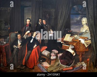 Franz Liszt at the Piano, by Josef Danhauser, 1840, with Alfred de Musset or Alexandre Dumas père, George Sand, Marie d'Agoult, Hector Berlioz or Victor Hugo; Niccolò Paganini, Gioachino Rossini, digitally optimized Stock Photo