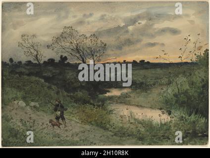 Dawn—Hunter with Dog, 1882. Henri Joseph Harpignies (French, 1819-1916). Watercolor; sheet: 37.6 x 53.5 cm (14 13/16 x 21 1/16 in.). Stock Photo