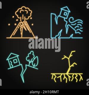 Neon ecology and climate change icon set. Volcano eruption, coastal erosion, earthquake and drought. Vector illustration. Stock Vector