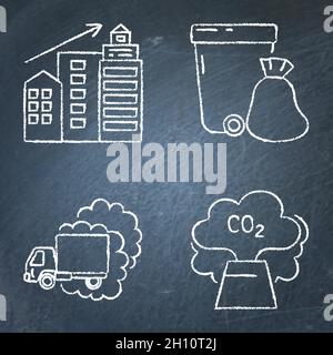 Chalkboard icon set - causes of climate change. Carbon emissions, air pollution, urbanization and city garbage symbols. Vector illustration. Stock Vector