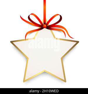 EPS 10 vector illustration of red colored ribbon bow and gift band with shape of a golden star pendant for christmas greetings isolated on white backg Stock Vector