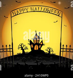 dark castle and cemetery in front of yellow full moon with fence and archway with 'Happy Halloween' letters and other scary illustrated elements for H Stock Vector