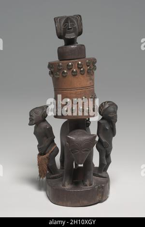 Snuff Mortar (Tesa Ya Ma Kanya), late 1800s. Africa, Central Africa, Angola or Democratic Republic of Congo, Chokwe carver. Wood, upholstery studs, cloth, and metal; overall: 22.5 x 8.4 x 13.8 cm (8 7/8 x 3 5/16 x 5 7/16 in.). Stock Photo
