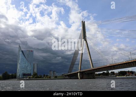 Cable stayed Vansu Bridge at Riga in Latvia Stock Photo