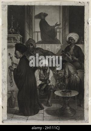 Café in Constantinople, 1847. Alexandre Bida (French, 1823-1895). Brush and black and gray ink, graphite, and stylus on white wove paper coated with a white ground; sheet: 40.7 x 29.2 cm (16 x 11 1/2 in.); image: 38.2 x 25.9 cm (15 1/16 x 10 3/16 in.). Stock Photo