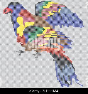 Parrot embroidery, exotic bird cross stitch pattern, ornament, vector. Stock Vector