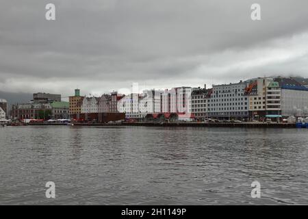 Bergen, Norway - Jun 13, 2012: Harbour and city on shore Stock Photo