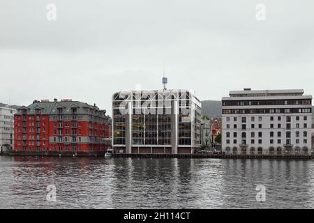 Bergen, Norway -Jun 13, 2012: Administrative buildings on harbor Stock Photo