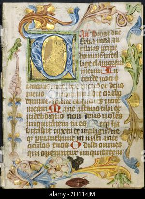 Bifolio from a Book of Hours: Initial V with Floral Border, c. 1460-1500. Austria (? ) or Bohemia (?), 15th century. Ink, tempera and gold on vellum; each leaf: 13.9 x 10.6 cm (5 1/2 x 4 3/16 in.). Stock Photo