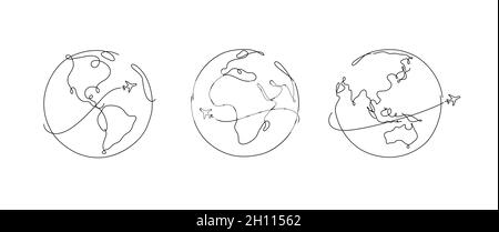 Hand drawing globe plane traveling in pen line style on white background Stock Vector