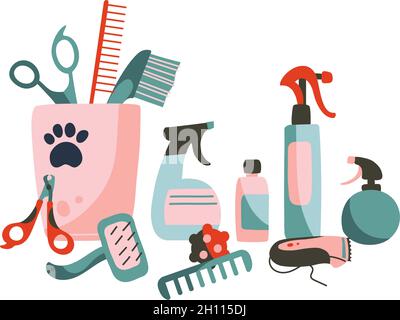 Combs, scissors, clipper, care products. Set of Products for grooming, pet shop. Objects isolated on white background, cartoon style. Vector illustration Stock Vector