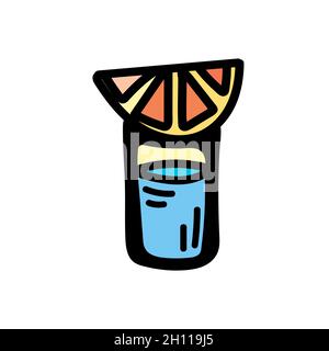 Color vector illustration of a shot glass with alcohol and an orange slice on top. Stock Vector