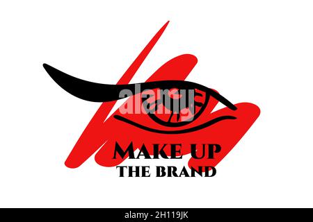 A womans eye with a black arrow on a red background of blurred shapes. The brand Make up lettering. Logo, company name. Stock Vector