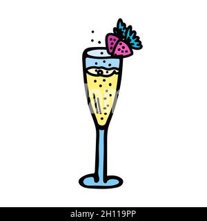 Colored vector illustration of a blue wine glass with yellow champagne, bubbles and pink strawberries. Stock Vector